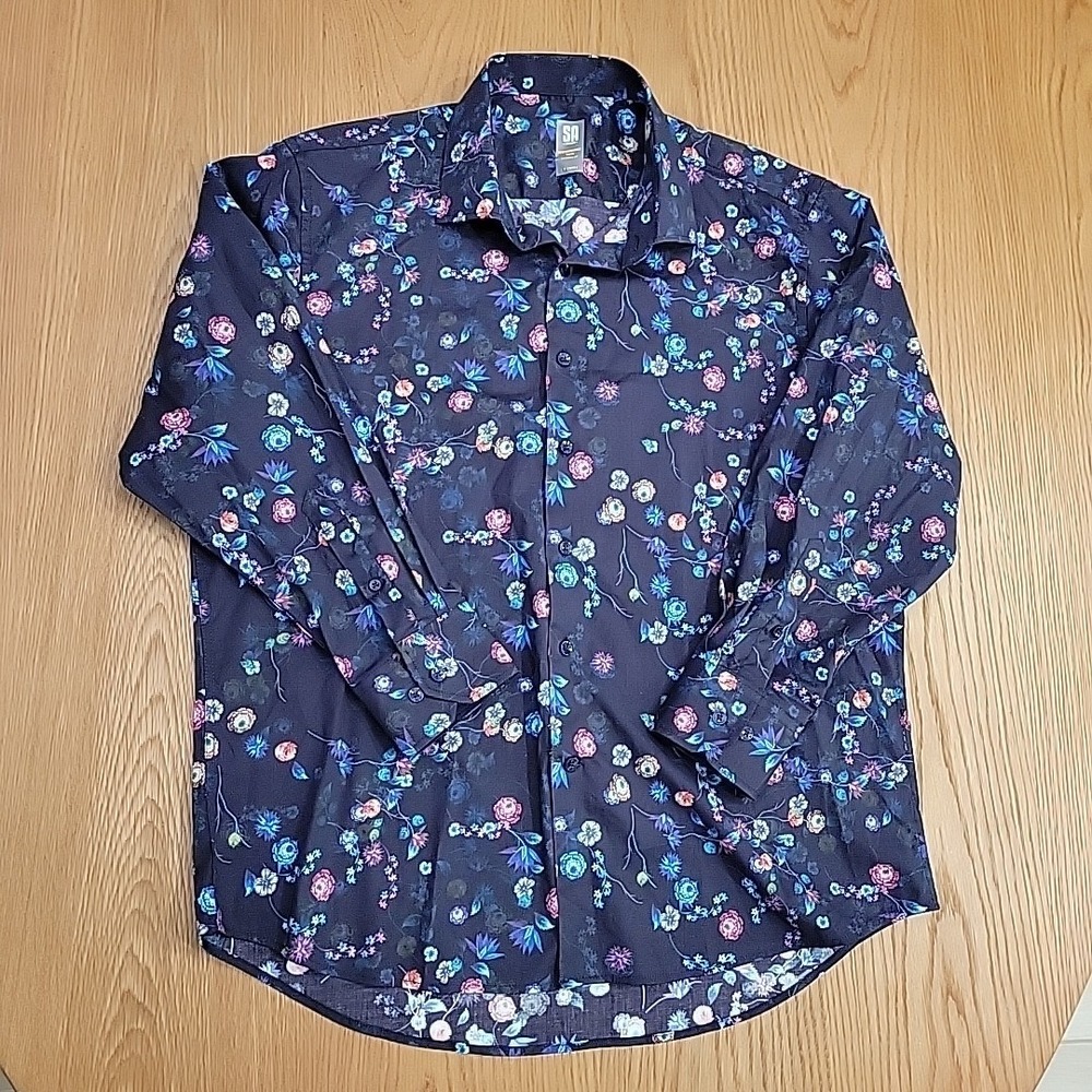 Stacy Adams Performance Tech Shirt Mens 17 32/33 Navy Blue Floral Modern Spring